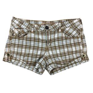 Women's Juniors Plaid Shorts Brown Tan White Button Accent Mudd Brand Size 9